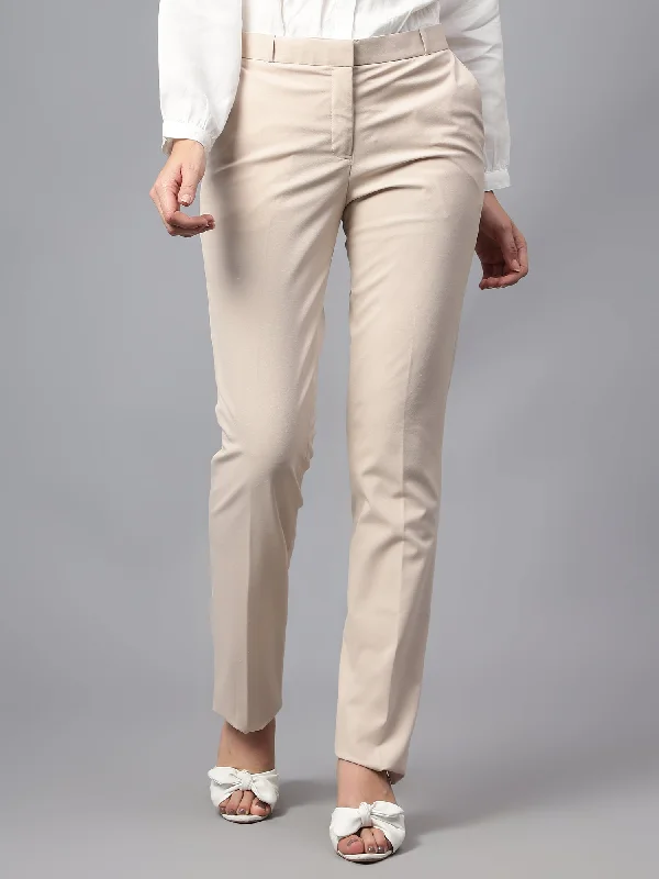 Women's Formal Flat Front Beige Full length Mid rise Trousers