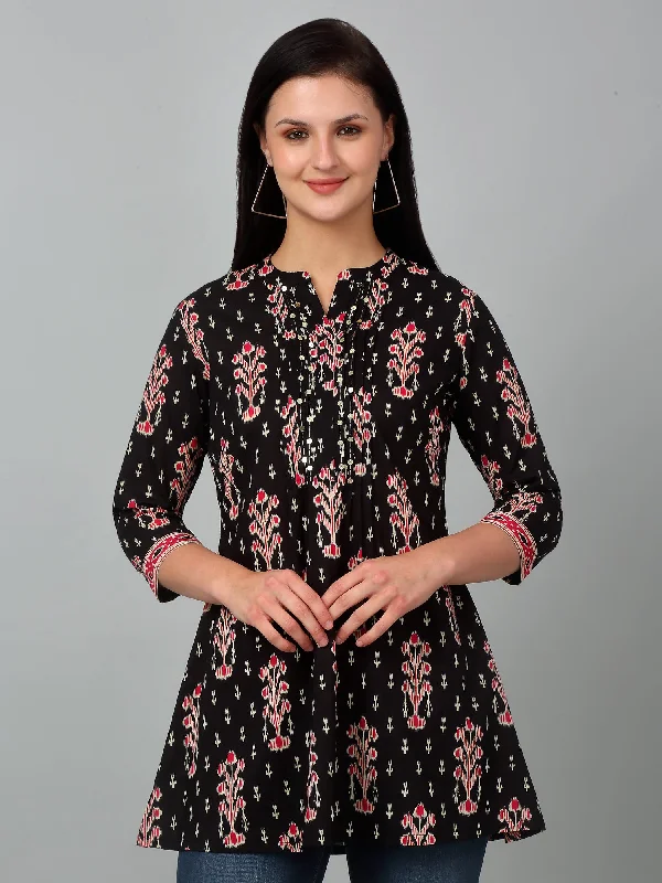 Women's Band Collar Black All Over Printed Short Length Kurti