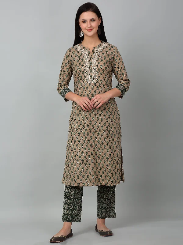 Women's Casual  Green Printed & Embroidered Palazzo Set