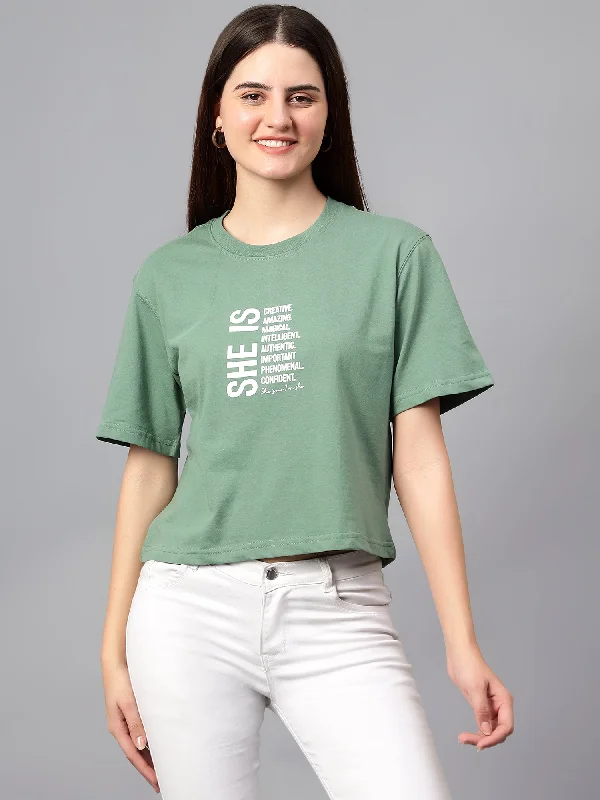 Women's Casual Regular Short Sleeve Sea Green Round neck Typographic Print T-Shirt