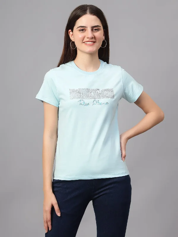 Women's Casual Regular Short Sleeve Sky Blue Round neck Bead work & Print T-Shirt